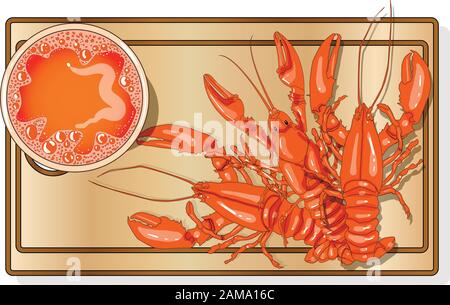 Bicchiere di birra con immagine vettoriale delle aragoste isolato su piastra. Sfondo bianco. Illustrazione Vettoriale