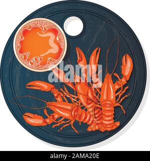 Bicchiere di birra con immagine vettoriale delle aragoste isolato su piastra. Sfondo bianco. Illustrazione Vettoriale