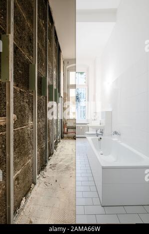 bagno prima e dopo il rinnovo - concetto di rinnovo di casa Foto Stock