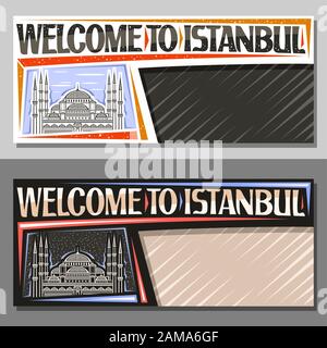 Layout vettoriali per Istanbul con spazio copia, coupon decorativo con illustrazione contorno del famoso Sultano Ahmet Camii su sfondo cielo giorno e notte, Illustrazione Vettoriale