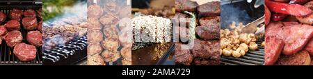 Barbecue di carne collage. diversi piatti a base di carne vengono cucinati alla griglia. la cottura di cibo all'esterno. spazio per il testo Foto Stock