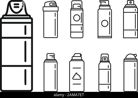 Set di icone per bottiglie in schiuma da barba. Set di icone vettoriali per bottiglie in schiuma da barba per il design del Web isolato su sfondo bianco Illustrazione Vettoriale