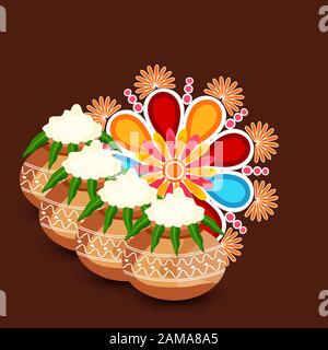 Illustrazione Vettoriale di uno sfondo per la felice vacanza Pongal Harvest Festival del Tamil Nadu India del Sud. Foto Stock