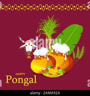 Illustrazione Vettoriale di uno sfondo per la felice vacanza Pongal Harvest Festival del Tamil Nadu India del Sud. Foto Stock