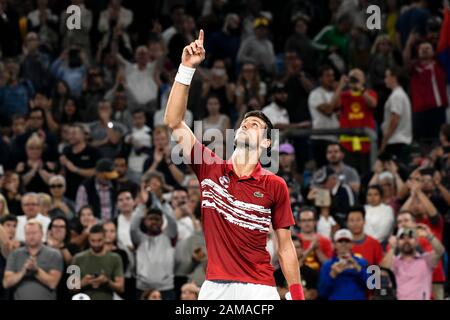 Sydney, Australia. 12th gennaio 2020. 12th gennaio 2020; Sydney Olympic Park Tennis Center, Sydney, nuovo Galles del Sud, Australia; ATP Cup Australia, Sydney, Day 10; Serbia contro Spagna; Novak Djokovic di Serbia contro Rafael Nadal di Spagna; Rafael Nadal di Spagna reagisce dopo aver sconfitto Rafael Nadal di Spagna - Editorial Use Credit: Action Plus Sports Images/Alamy Live News Foto Stock