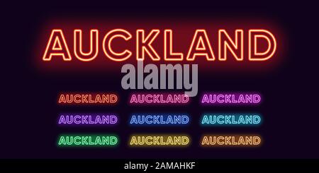 Neon Auckland nome, città in Nuova Zelanda. Testo neon della città di Auckland. Set vettoriale di titoli incandescenti con retroilluminazione trasparente. Rosso rosa viola, violo Illustrazione Vettoriale