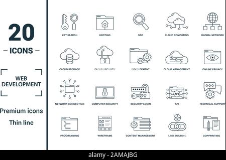 Sviluppo web icon set. Includere elementi creativi di ricerca chiave, seo, lo storage cloud, cloud management, le icone della connessione di rete. Può essere utilizzato per il report Illustrazione Vettoriale