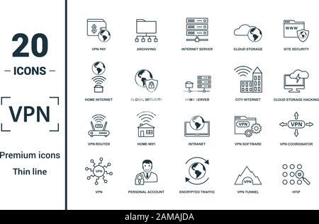 Icona VPN set. Includere elementi creativi , Archiviazione, Sicurezza del sito, home server, storage cloud icone di hacking. Può essere utilizzato per la relazione, presentazione Illustrazione Vettoriale