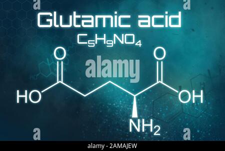 Formula chimica dell'acido Glutammico su sfondo futuristico Foto Stock