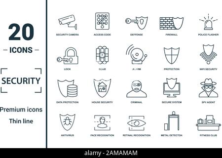 Icona di sicurezza impostato. Includere elementi creativi videocamera di sicurezza, deffense, bloccare, protezione, protezione dei dati delle icone. Può essere utilizzato per la relazione, presentazione Illustrazione Vettoriale