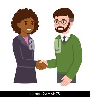 Donna business nera e uomo bianco con barba e occhiali che scuotono le mani. Persone in riunione aziendale, comunicazione sul luogo di lavoro, colloquio di lavoro. Moderno c Illustrazione Vettoriale