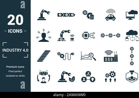 L'industria 4.0 icon set. Includere elementi creativi di automazione della gestione dei dati di business intelligence integrazione orizzontale, modello osi icone. Può essere Illustrazione Vettoriale