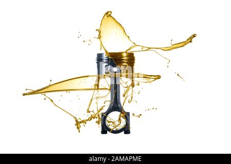 Il pistone e la biella vengono gettati con olio. Concetto di olio motore - schizzi d'olio - isolato su sfondo bianco Foto Stock