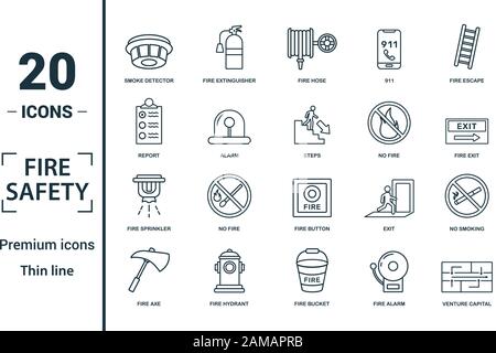 Sicurezza antincendio icon set. Includere elementi creativi, rilevatore di fumo, tubo antincendio, relazione, nessun incendio, icone degli sprinkler. Può essere utilizzato per la relazione, presentazione Illustrazione Vettoriale