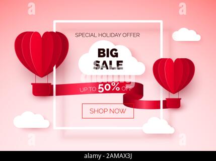 Palloncini ad aria calda con nastro rosso e sconto su di esso. Vendita stagionale di San Valentino. Banner Big sale con Flying Balloons nuvole e cornice bianca. Illustrazione Vettoriale