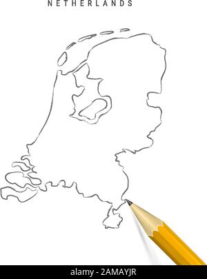 Mappa del contorno dello schizzo dei Paesi Bassi isolata su sfondo bianco. Mappa vettoriale disegnata a mano vuota dell'Olanda. Matita 3D realistica con ombra morbida. Illustrazione Vettoriale