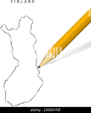 Finlandia schizzo mappa contorno isolato su sfondo bianco. Mappa vettoriale vuota disegnata a mano della Finlandia. Matita 3D realistica con ombra morbida. Illustrazione Vettoriale