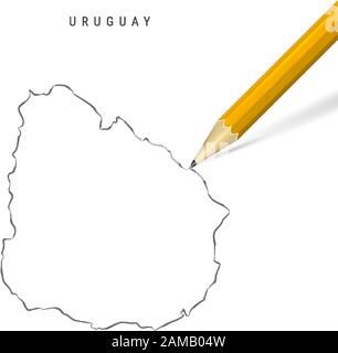 Mappa del contorno dello schizzo dell'Uruguay isolata su sfondo bianco. Mappa vettoriale disegnata a mano vuota dell'Uruguay. Matita 3D realistica con ombra morbida. Illustrazione Vettoriale