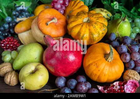 Zucche decorative, zucca, mele, pere, melograni e uva sullo sfondo di legno scuro Foto Stock