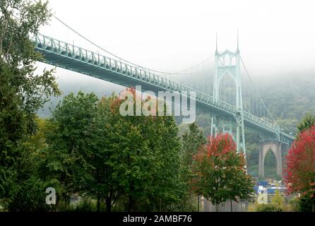 Questo è il St Johns Bridge di Portland, Oregon. Ho scattato questa foto all'inizio dell'autunno quando la nebbia si stava alzando. Foto Stock