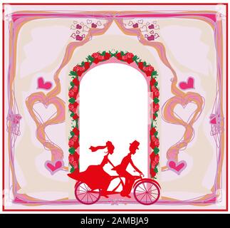 Invito a nozze con la sposa e lo sposo di equitazione biciclette tandem Foto Stock