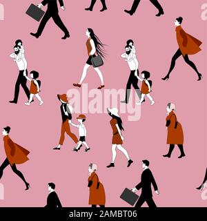 Modello senza cuciture di persone che camminano. Famiglie, uomini d'affari, donne anziane, adolescenti e donne alla moda Illustrazione Vettoriale