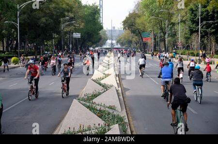 Città Del Messico, Messico. 12th gennaio 2020. Ciclisti sul traffico libero Paseo de la Reforma in una soleggiata Domenica mattina di gennaio con la Diana la fontana della Cacciatrice in background. "Muevete en Bici" è un'iniziativa sostenuta dal governo che mira a promuovere uno stile di vita sano e attivo per i residenti di Città del Messico. Ciclisti, jogging, famiglie e anche i loro cani prendono il controllo delle strade altrimenti congestionate della città ogni Domenica mattina. Credito: Meanderingemu / Alamy Live News Foto Stock