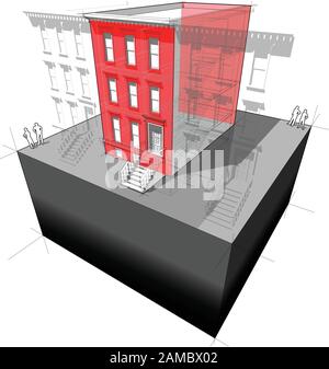 Diagramma di una tipica casa cittadina americana con isolamento a parete aggiuntivo - per migliorare l'efficienza energetica dell'edificio Illustrazione Vettoriale