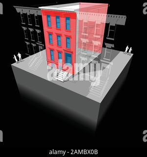 Diagramma di una tipica casa cittadina americana in pietra marrone con isolamento a parete aggiuntivo e nuove finestre per migliorare l'efficienza energetica dell'edificio Illustrazione Vettoriale