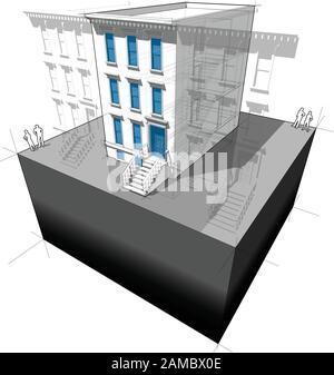 Diagramma di una tipica casa cittadina americana con nuove finestre e porte per migliorare l'efficienza energetica dell'edificio Illustrazione Vettoriale