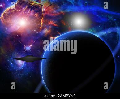 Astronave nello spazio vicino all'esoplpianeta scuro Foto Stock