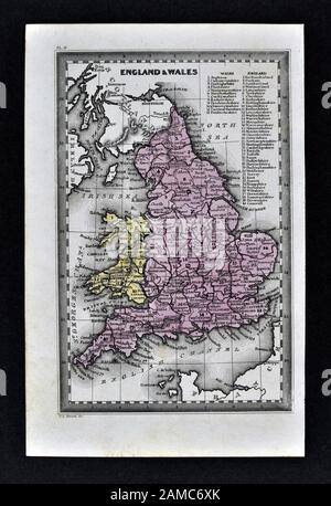 1834 Carey Mappa Inghilterra Galles Gran Bretagna Regno Unito Regno unito Londra Liverpool Manchester Cornwall Oxford Ipswich Foto Stock