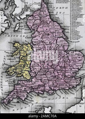 1834 Carey Mappa Inghilterra Galles Gran Bretagna Regno Unito Regno unito Londra Liverpool Manchester Cornwall Oxford Ipswich Foto Stock