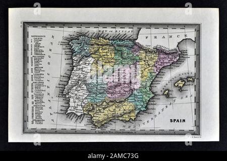 1834 Carey Mappa della Spagna & Portogallo Madrid Barcellona Lisbona Toledo Foto Stock