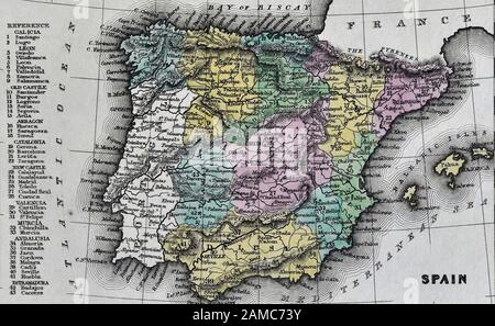 1834 Carey Mappa della Spagna & Portogallo Madrid Barcellona Lisbona Toledo Foto Stock