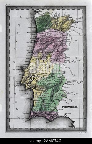1834 Carey Mappa di Portogallo Lisbona Porto Braga Algarve Foto Stock