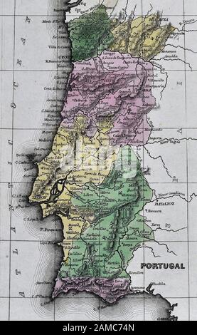 1834 Carey Mappa di Portogallo Lisbona Porto Braga Algarve Foto Stock