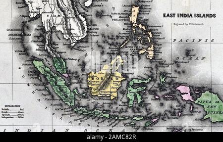 1834 Carey mappa delle Indie orientali comprese Sumatra, Java, Borneo, Nuova Guinea, della Malaysia, di Singapore, di Celebes e le altre isole dell'Arcipelago Foto Stock