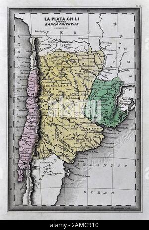 1834 Carey Mappa di Argentina Uruguay Cile Peperoncino Sud America compresi di Buenos Aires e Montevideo Santiago Valparaiso Foto Stock