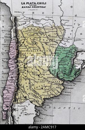 1834 Carey Mappa di Argentina Uruguay Cile Peperoncino Sud America compresi di Buenos Aires e Montevideo Santiago Valparaiso Foto Stock