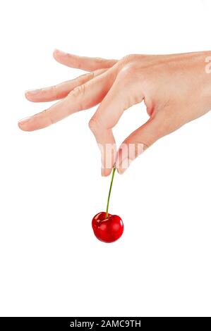 una mano di donna isolata su una base bianca che offre una ciliegia matura succosa Foto Stock