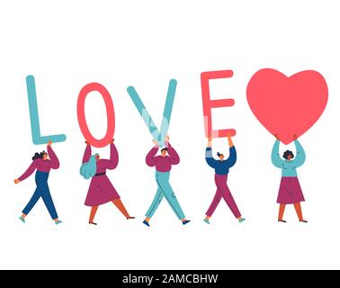 Persone molto piccole e diverse portano lettere AMORE e cuore Illustrazione Vettoriale
