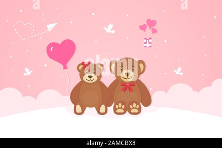 Felice San Valentino concetto di design, Due orsacchiotti carino, composizione romantica in stile carta, illustrazione vettoriale su uno sfondo rosa Illustrazione Vettoriale