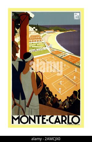 Monte-Carlo degli anni '30, poster di viaggio per PLM, ca. 1930 Monte-Carlo. Poster di viaggio di Roger Broders mostra una coppia guardando i giochi di tennis vicino al Mediterraneo. Litografia di Imp. Monegasques, Monte Carlo, Ca. 1930. Foto Stock