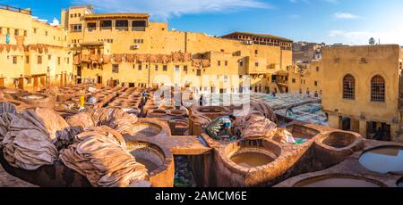 Pelle che muore in una conceria tradizionale nella città Fes, Marocco Foto Stock