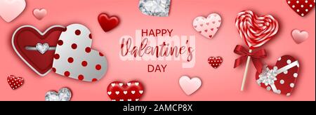 banner di san valentino con scatole regalo a forma di cuore, cuori, diamanti Foto Stock