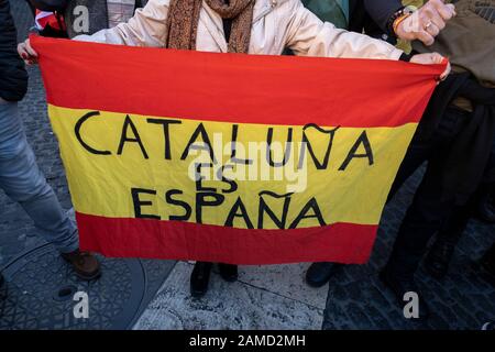 Barcellona, Spagna. 12th Gen 2020. Un sostenitore VOX detiene una bandiera spagnola che dice che la Catalogna è la Spagna durante la dimostrazione.Centinaia di sostenitori del partito ultra-destro VOX si sono riuniti in Plaza Sant Jaume sotto lo slogan 'esiste dolore' per difendere l'unità della Spagna contro il nazionalismo catalano. Credit: Sopa Images Limited/Alamy Live News Foto Stock