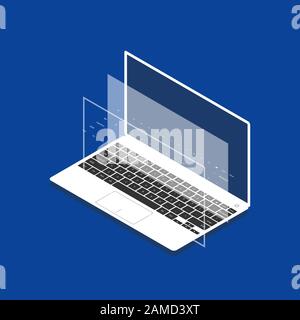 Immagine isometrica del laptop sullo sfondo blu Illustrazione Vettoriale