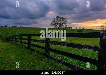 Alba a Keeneland Terreni lungo la recinzione del cavallo Foto Stock