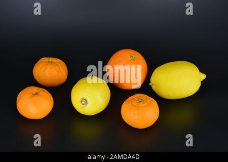 Frutta fresca e brillante, due limoni gialli, tre piccoli mandarini arancioni, una grande mineralola si trova su uno sfondo di plastica nera. Delizioso e dolce. Foto Stock